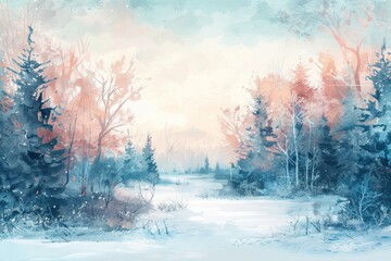 Beautiful winter forest landscape. Watercolor illustration. AI generative - 786939480