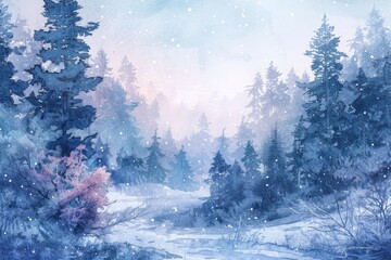 Beautiful winter forest landscape. Watercolor illustration. AI generative - 786939486