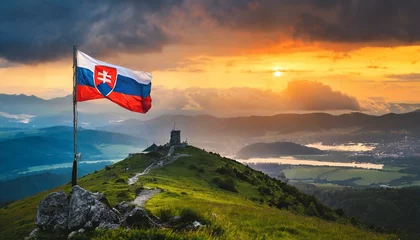 Foto op Canvas The Flag of Slovakia On The Mountain. © Daniel