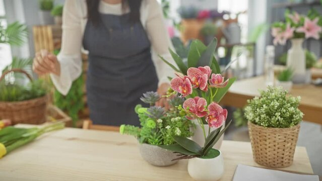 A smiling middle-aged woman florist arranging orchids inside a flower shop, portraying beauty and expertise.