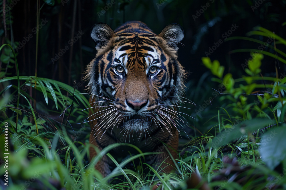 Poster a photograph of the elusive sumatran tiger, its stripes blending into the dim light of the dense jun