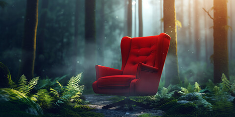 red armchair in middle of forest, mystery world memory, hope reality