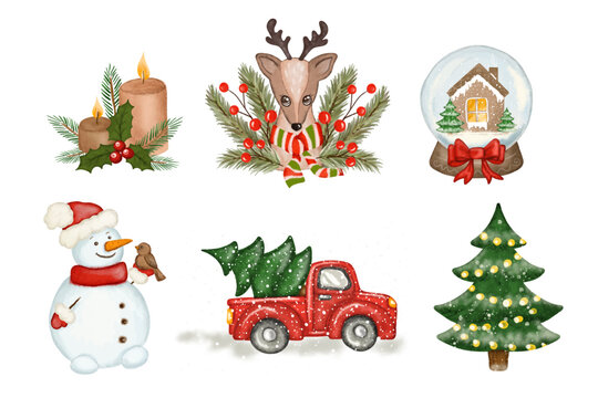Collection Christmas art design, snowman, red truck with christmas tree, snow glode with house and candles