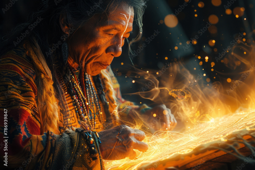 Aufkleber a rendering of a shaman weaving a tapestry that comes alive with images of protective spirits, each