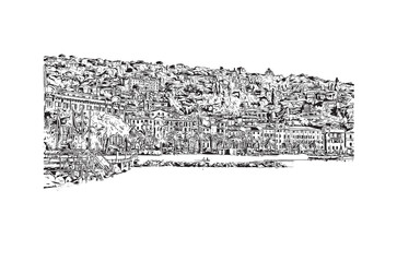 Print Building view with landmark of Ligûria is a region in Italy. Hand drawn sketch illustration in vector.