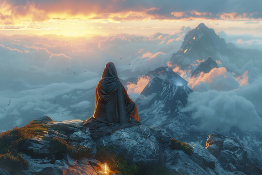 A rendering of a shaman on a mountain peak at dusk, his chants causing the rocky formations to glow