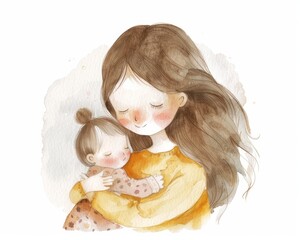 Beautiful mother and her little child. Motherhood. Watercolor illustration. AI generative - 786940059
