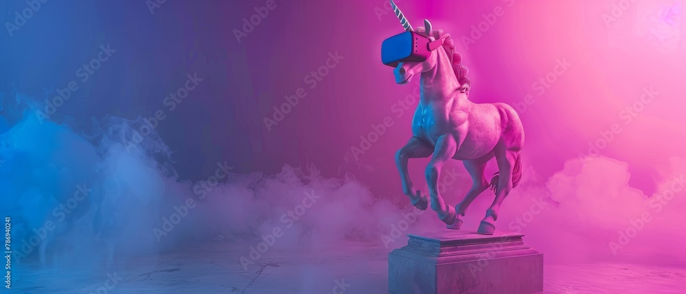 Poster vr headset on neon light background with concrete unicorn statue. creative idea. technology concept.