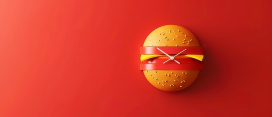 Creative idea. Minimal concept. Illustration in 3D. Hamburger clock on a red background.
