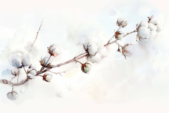 Cotton branch. Watercolor illustration. AI generative