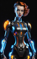 futuristic pin up, cyborg woman, neon lights, generative ai illustration
