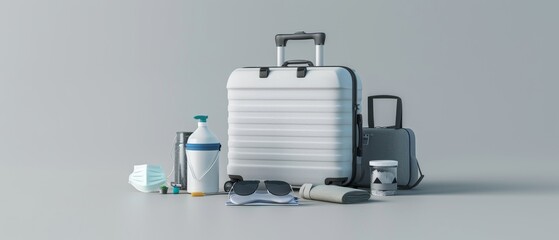 On gray background, a suitcase with a face mask and travel accessories. 3D rendering.