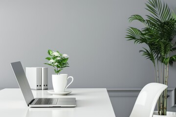 White workplace with opened laptop, cup, empty chair and houseplant. AI generative