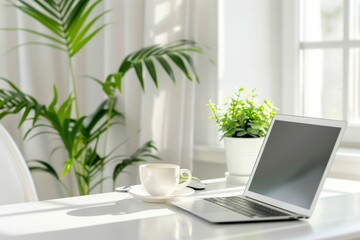 White workplace with opened laptop, cup, empty chair and houseplant. AI generative