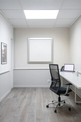 Fototapeta na wymiar Minimalistic office room with bright decor and an empty white frame, providing a space for imaginative thinking.