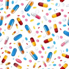 Various colored pills arranged on a clean white surface. Suitable for medical, healthcare, and pharmaceutical concepts