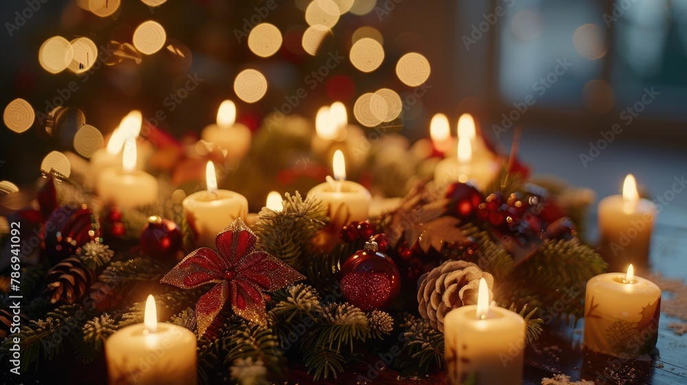 Poster a table covered in many lit candles, perfect for creating a warm and cozy atmosphere