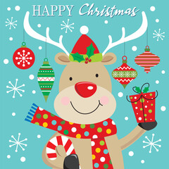 Christmas card design with cute reindeer, balls and gift