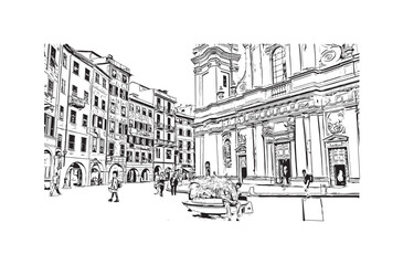 Print Building view with landmark of Ligûria is a region in Italy. Hand drawn sketch illustration in vector.