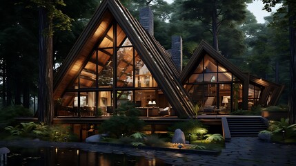 wooden forest house surrounded by trees 