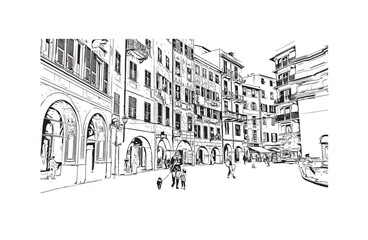 Print Building view with landmark of Ligûria is a region in Italy. Hand drawn sketch illustration in vector.