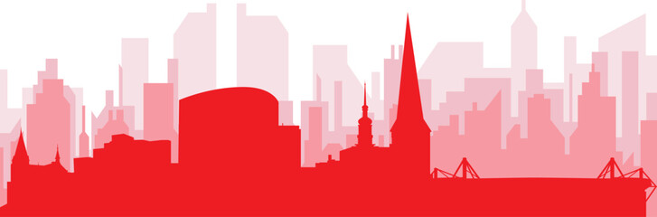 Red panoramic city skyline poster with reddish misty transparent background buildings of DORTMUND, GERMANY
