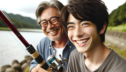 湖畔で祖父と釣りを楽しむ日本人の少年