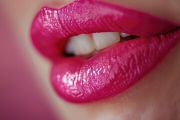 Close-up of woman's lips with vibrant pink lipstick. Ideal for beauty and makeup concepts