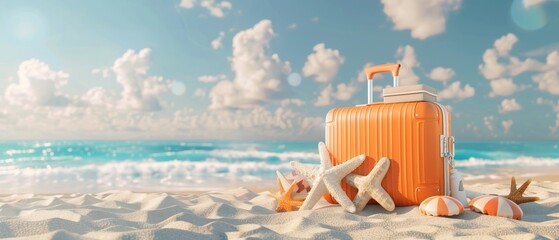 Summer travel concept. Orange suitcase with beach accessories on sand, sea, and sky background. 3D rendering. - obrazy, fototapety, plakaty