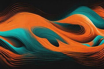 Vibrant orange teal white psychedelic grainy gradient color flow wave on black background, music cover dance party poster design - obrazy, fototapety, plakaty