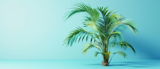 3D rendering of tropical palm tree on pastel blue background.