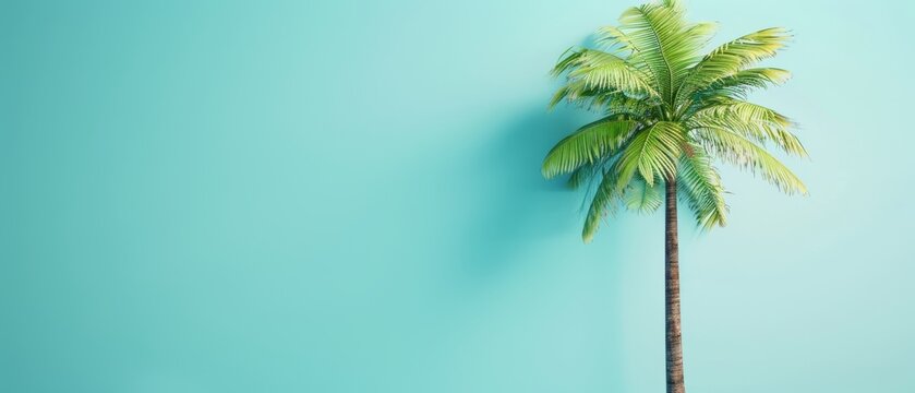 Three-dimensional rendering of a tropical palm tree on a pastel blue background