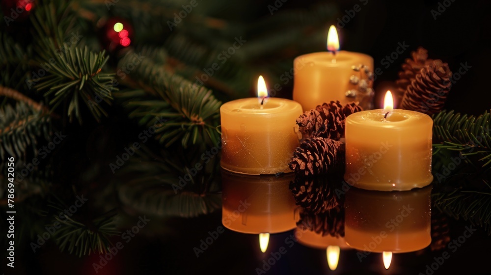 Poster three candles burning on a table, suitable for various occasions