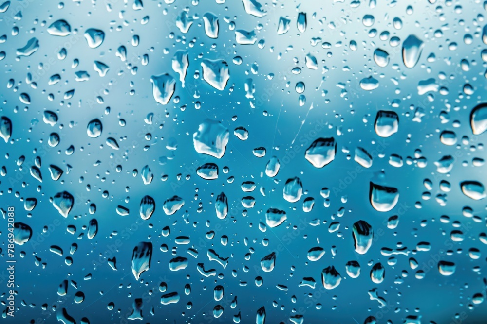 Poster clear close up of water droplets on a window, perfect for illustrating weather or macro photography 