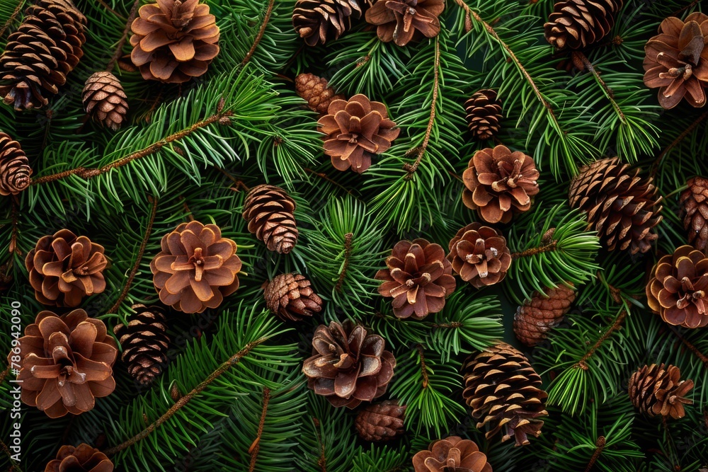 Poster Pine cones resting on a pine tree branch. Suitable for nature and Christmas themed projects