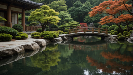 Japanese garden with bridge