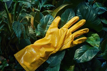 A yellow rubber glove resting on a green plant. Suitable for gardening or environmental concepts