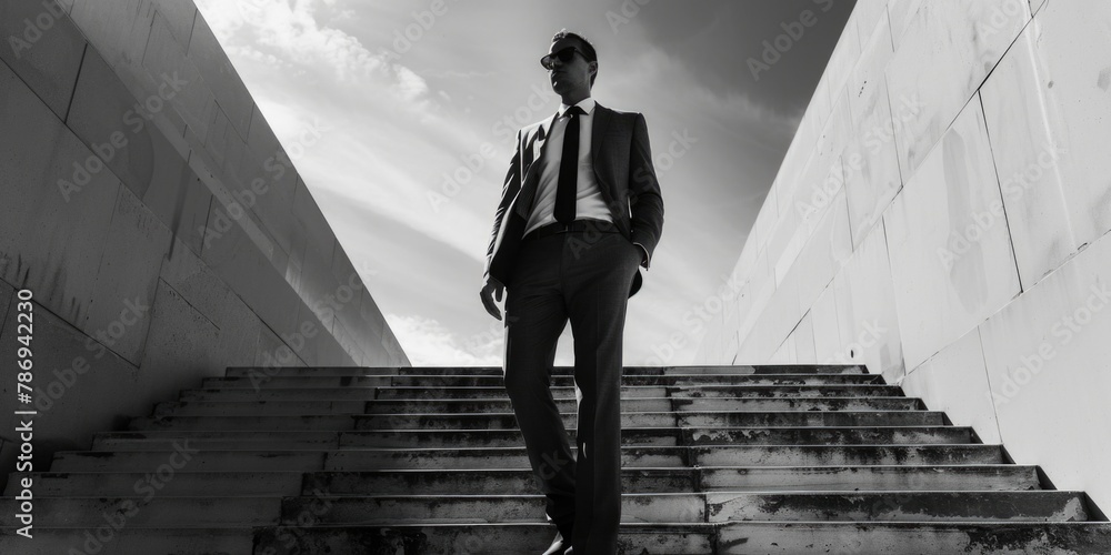 Poster a man in a suit and tie standing on a set of stairs. suitable for business and career concepts