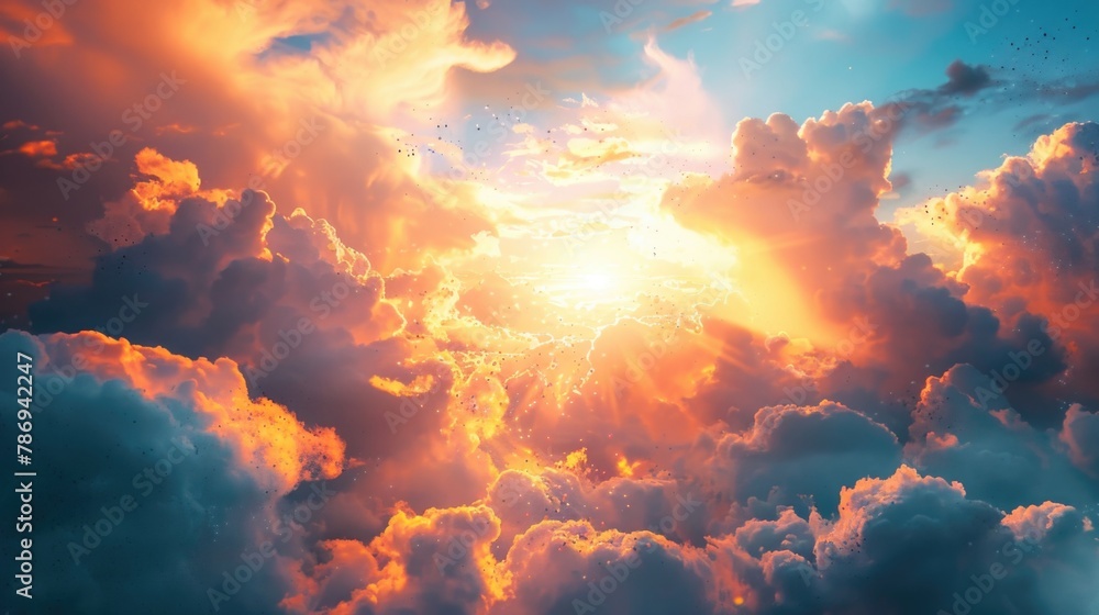 Poster bright sun rays breaking through fluffy clouds. perfect for weather or nature concepts