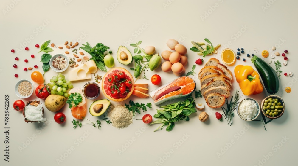 Poster assorted fruits and veggies displayed on a table, perfect for healthy eating concepts
