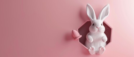Peeping bunny emerges from pastel pink hole. 3D rendering.