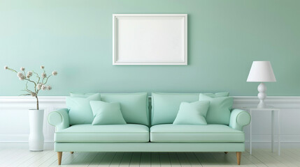 Fototapeta na wymiar Serenity fills the air in this contemporary living room, featuring a tranquil seafoam green sofa and a simple white frame awaiting artistic expression on the wall.