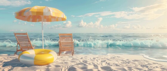 Three-dimensional rendering of beach umbrella with chairs and inflatable ring on beach sand. Summer vacation concept. - obrazy, fototapety, plakaty