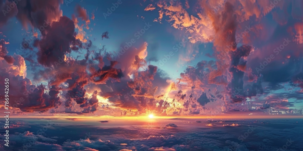 Poster a beautiful sunset scene with sun setting over the clouds. suitable for various projects