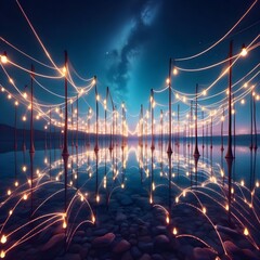 The lines in the sky and the lines underwater meet at midnight in a magical place. - obrazy, fototapety, plakaty