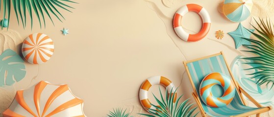 Vacation with beach towel, umbrella, chair, and inflatable ring. 3D rendering.