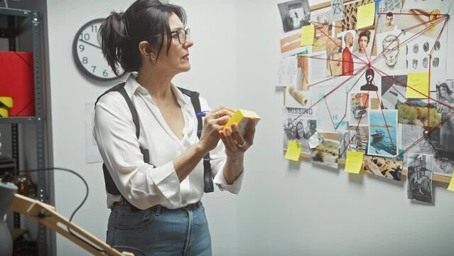 A mature hispanic woman analyzes evidence at a police department's crime investigation board indoors.