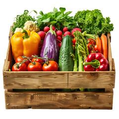 Fresh organic vegetables in a wooden box on white background,png