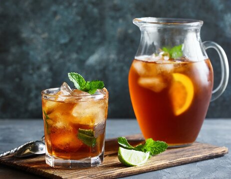 Eistee im Glas und in einer Kanne 