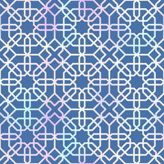 Abstract seamless pattern with pastel-colored geometric shapes on a blue background.